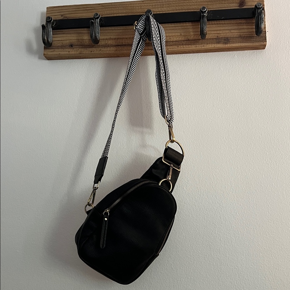 Anthropologie Black Crossbody Bag with Patterned Strap - Almost New